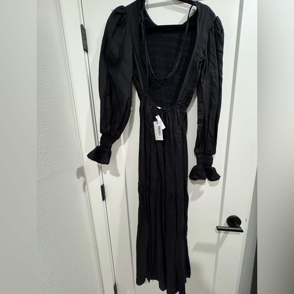 DISSH Black Smocked-Bodice Maxi Dress with Ruffle Cuffs